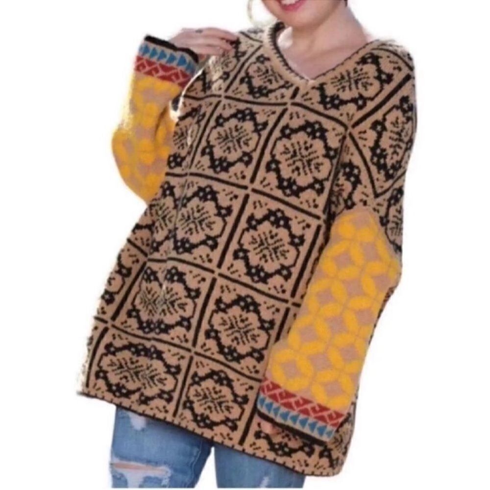 Zara Patchwork Brown/Yellow Wool Blend Oversized … - image 1